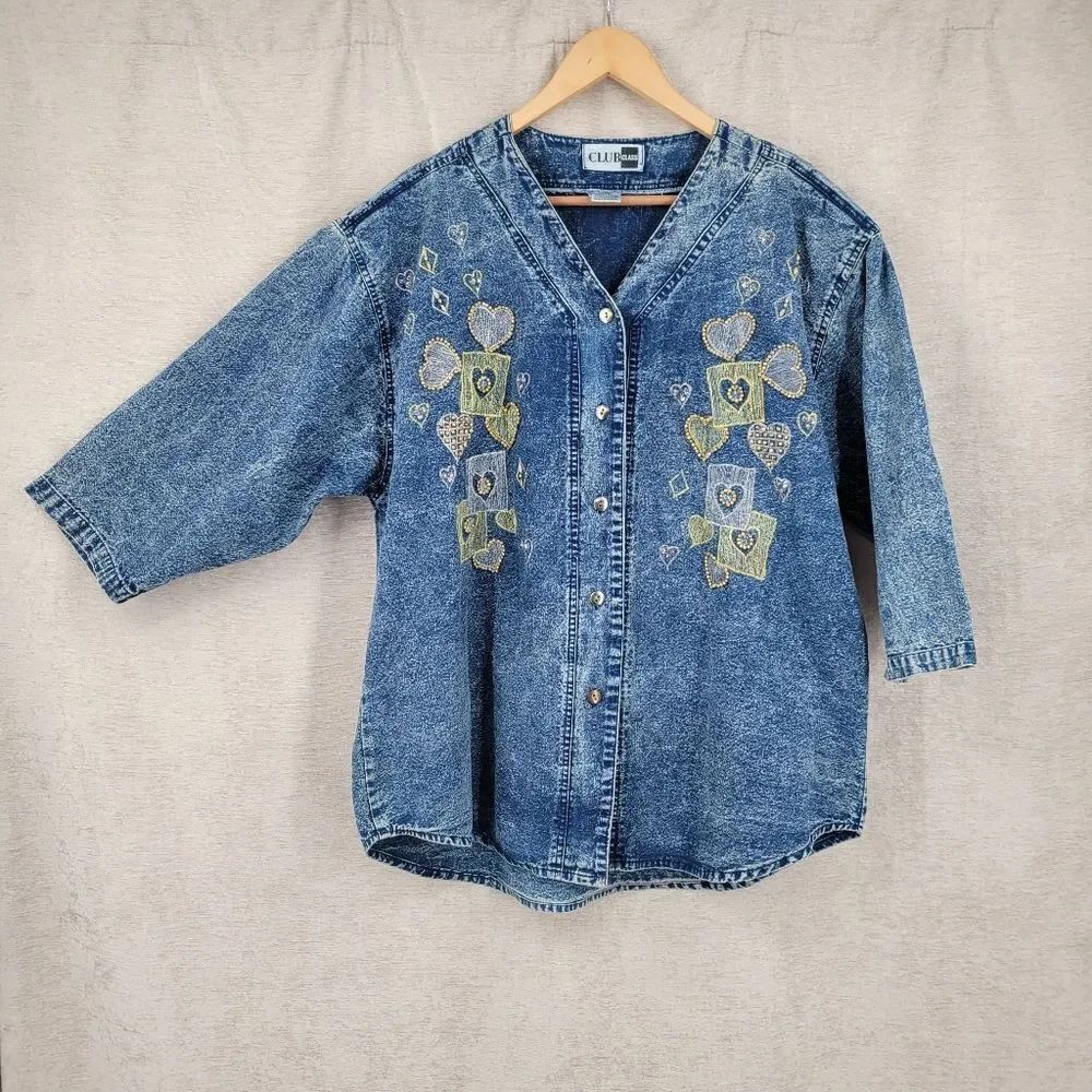 Vintage Acid Wash Blue Denim Shirt with Heart Embroidery Beaded Plus Size